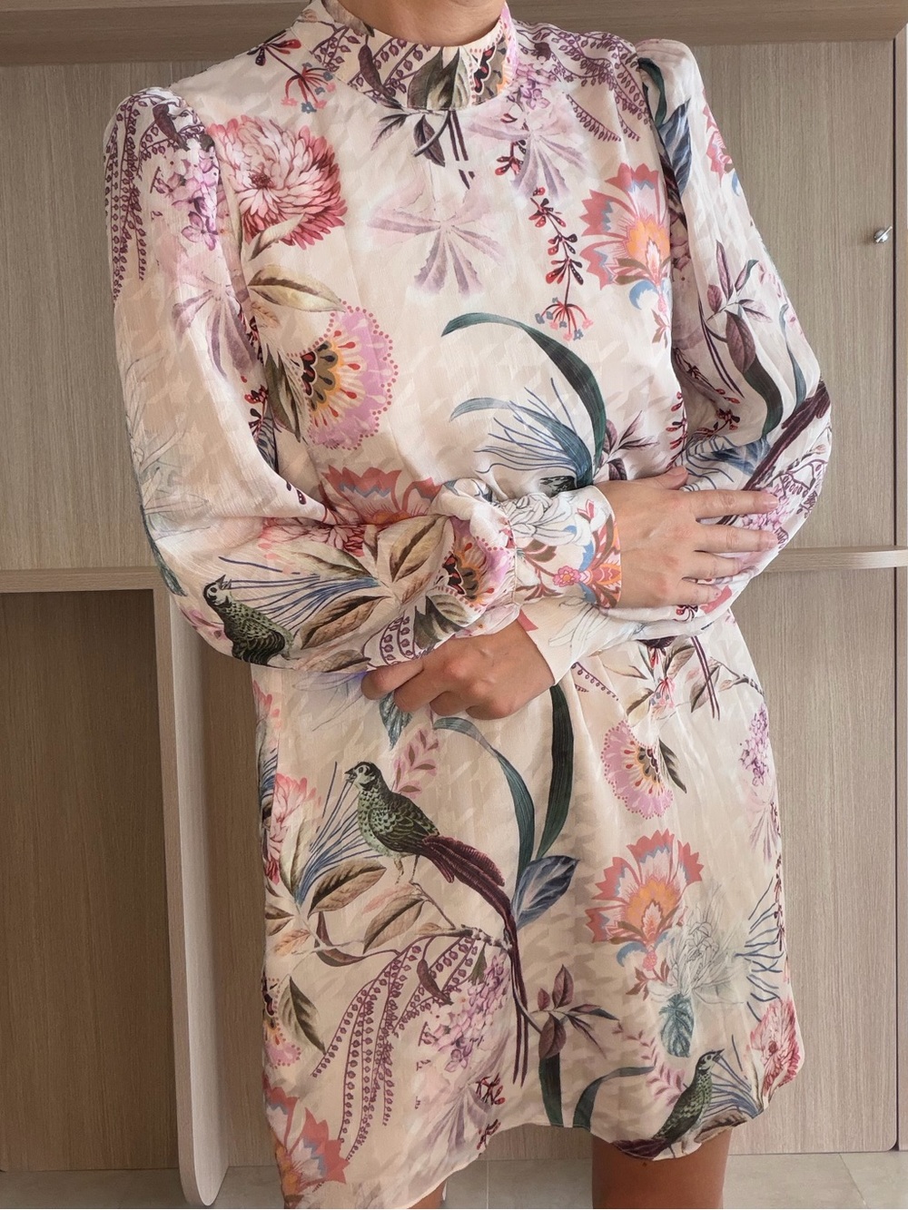 Ted Baker Pink Multi Floral & Bird High-Neck Mini Dress